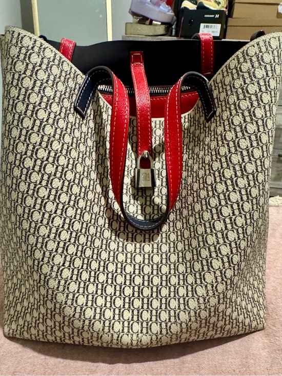 Carolina Herrera Handbags - Carolina Herrera Beige Monogram Tote with Red Trim and Black Accents